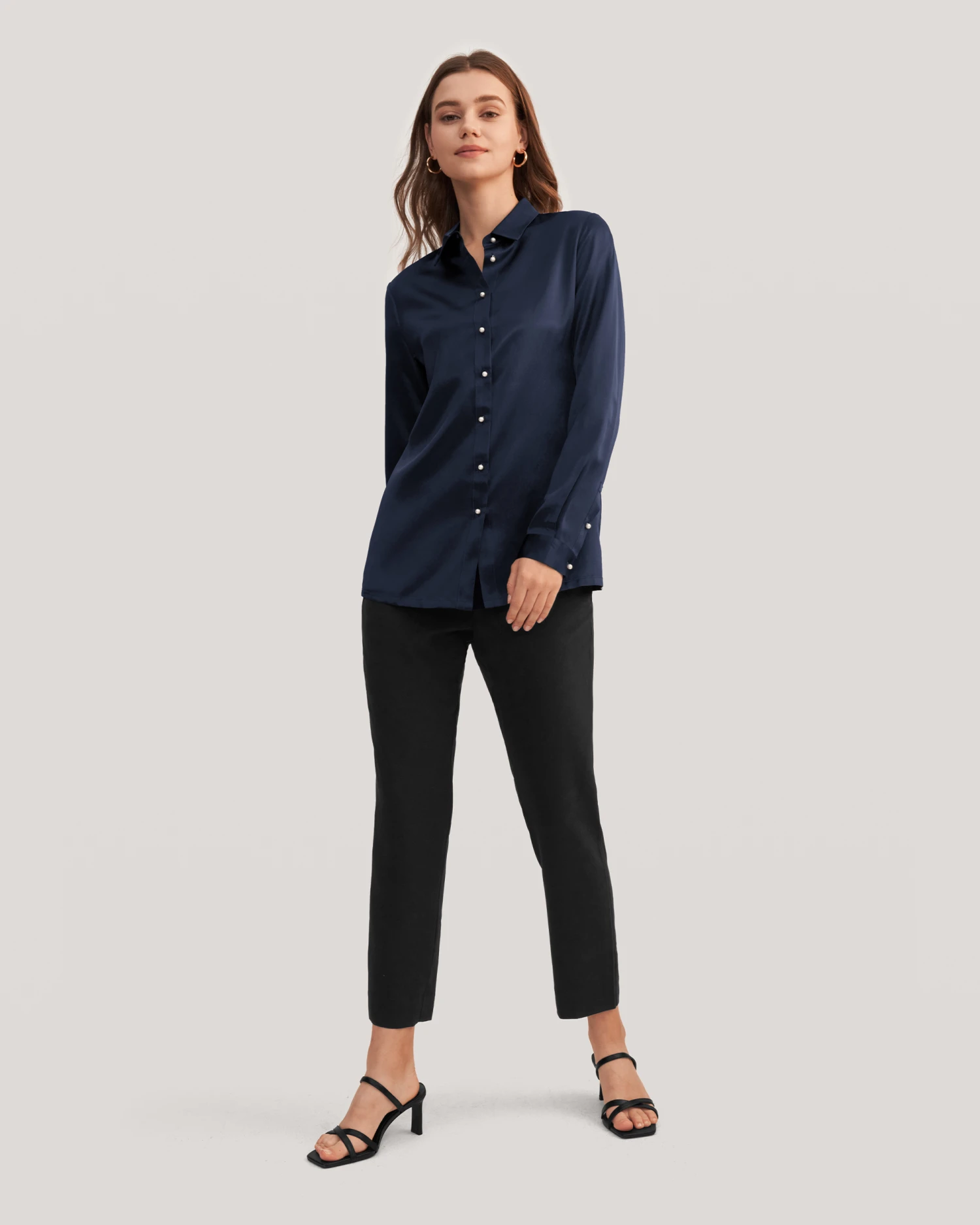 Women Classic Pearl Button Silk Shirt - Image 11