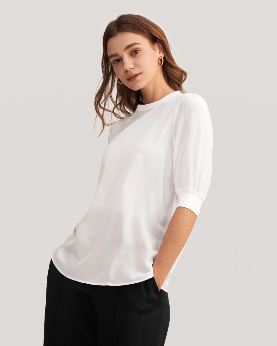 Elegant Casual Silk Tee With Rib Cuff - Image 13