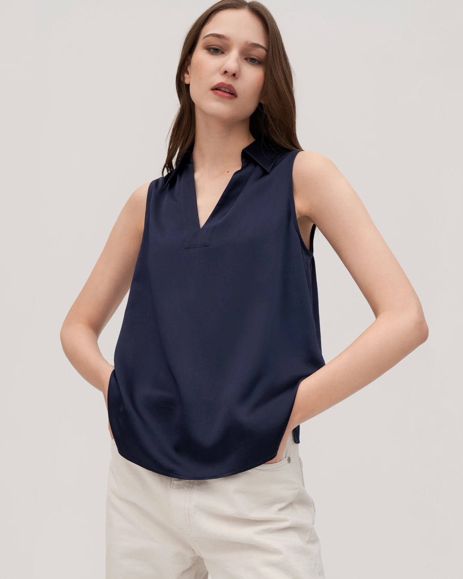 V-Neck Sleeveless Silk Violet Shirt For Women - Image 6