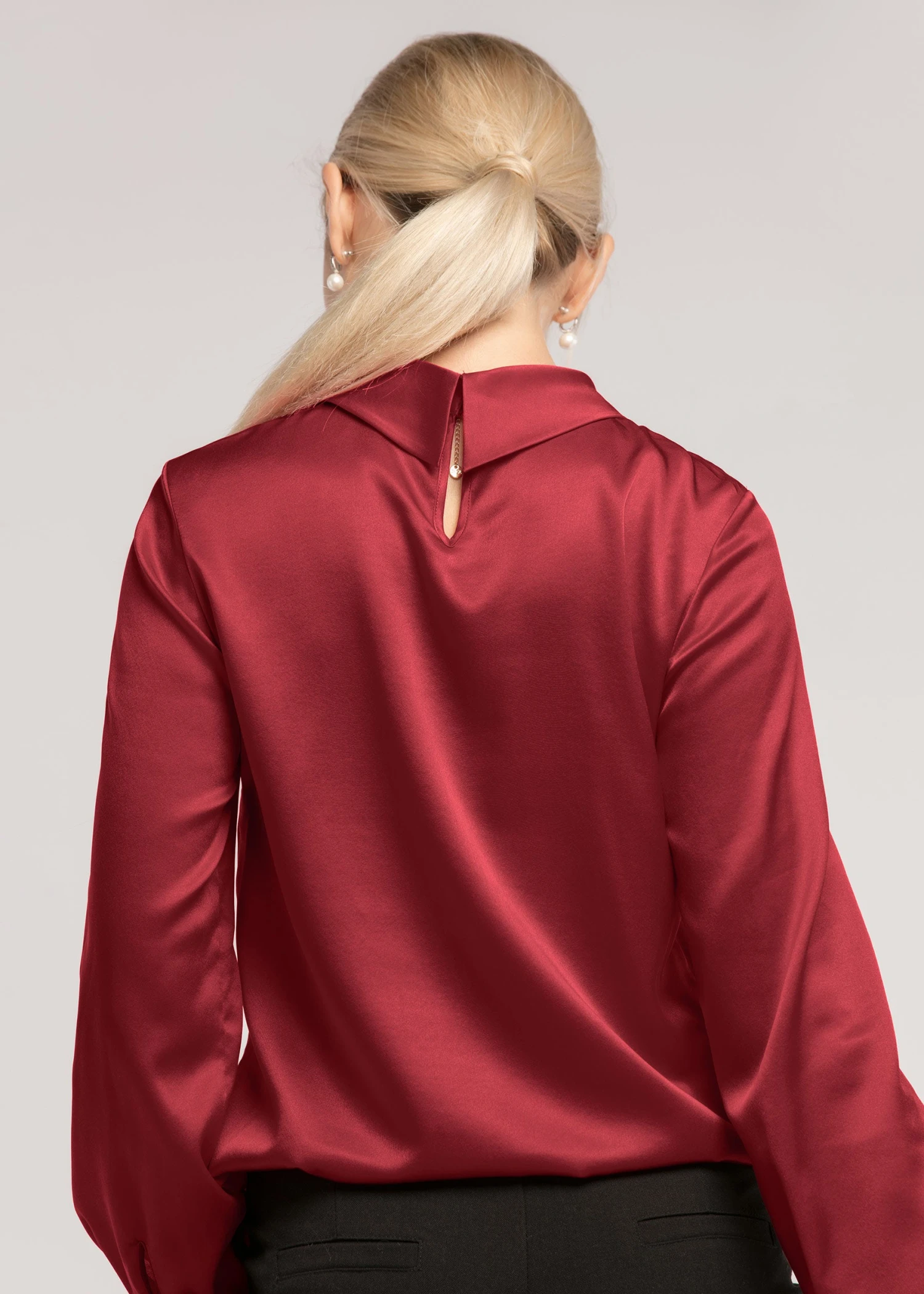 Stand Collar Long Sleeves Silk Blouse - Image 12