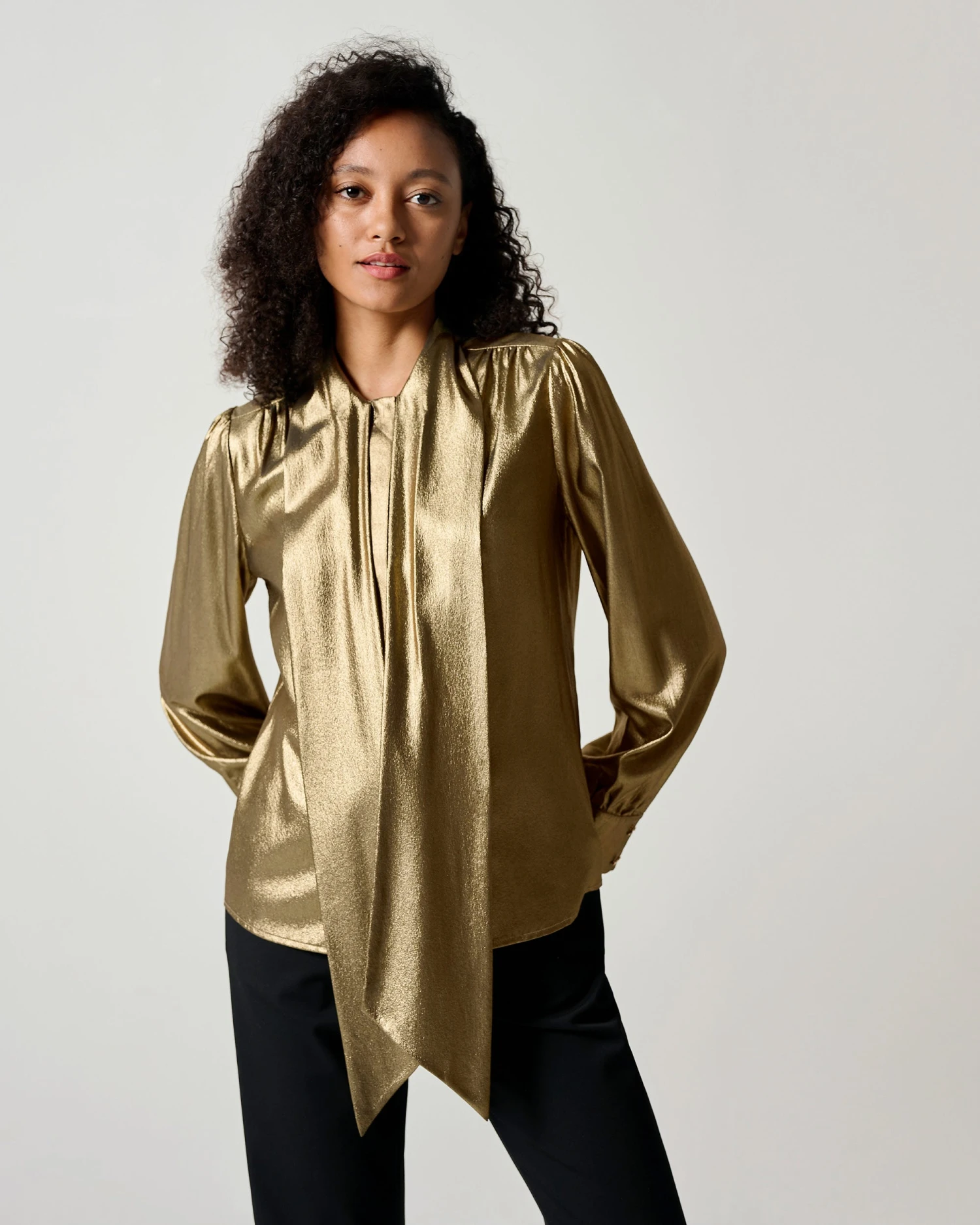 LILYSHEENA® Sophisticated Bow Tie Bronze Silk Blouse - Image 14