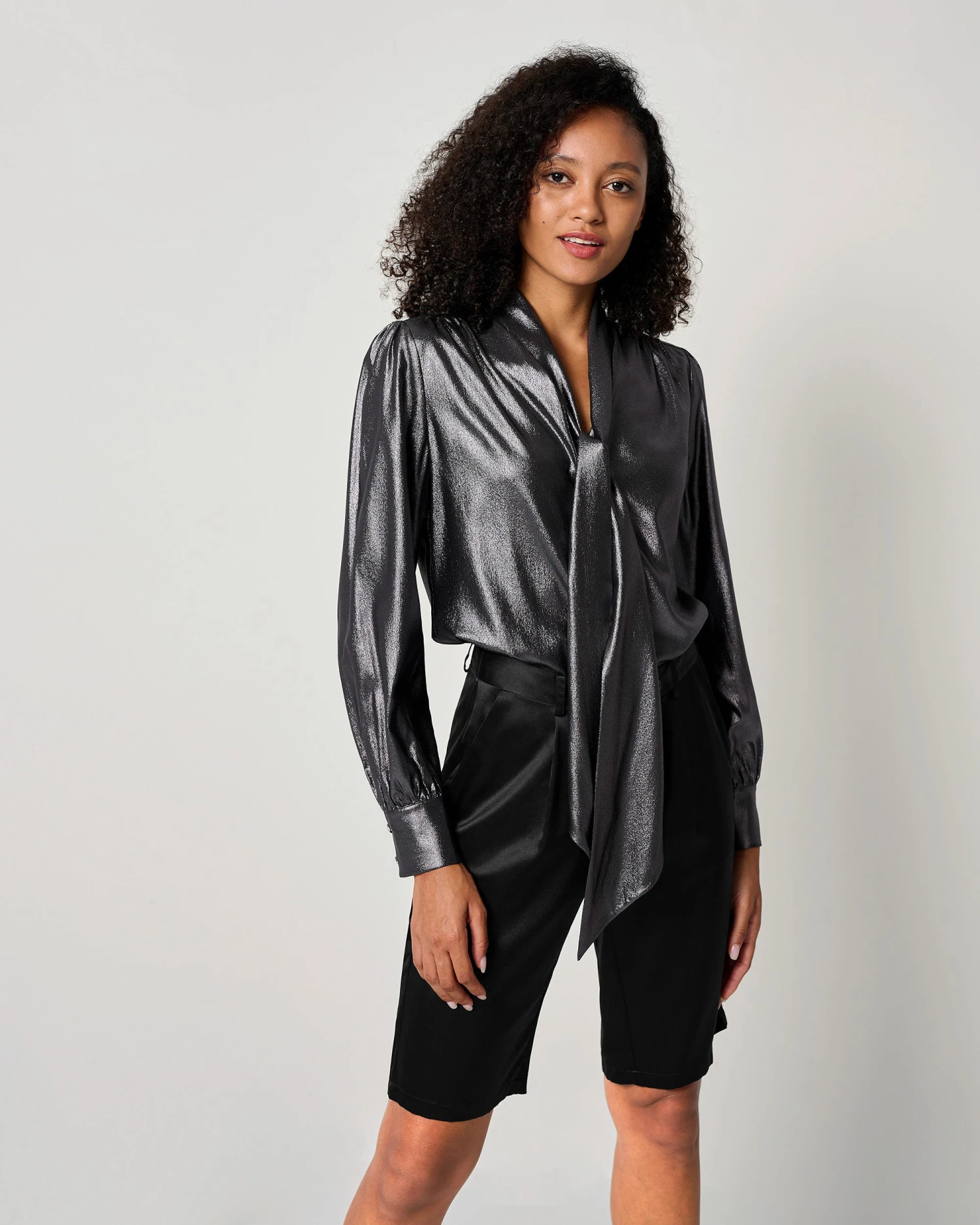 LILYSHEENA® Sophisticated Bow Tie Bronze Silk Blouse - Image 6