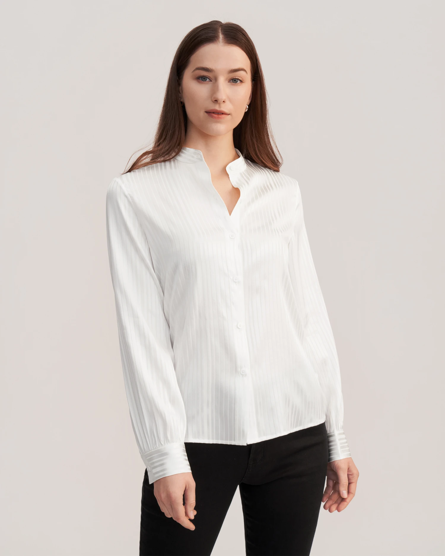Mandarin Collar Striped Silk Shirt - Image 6