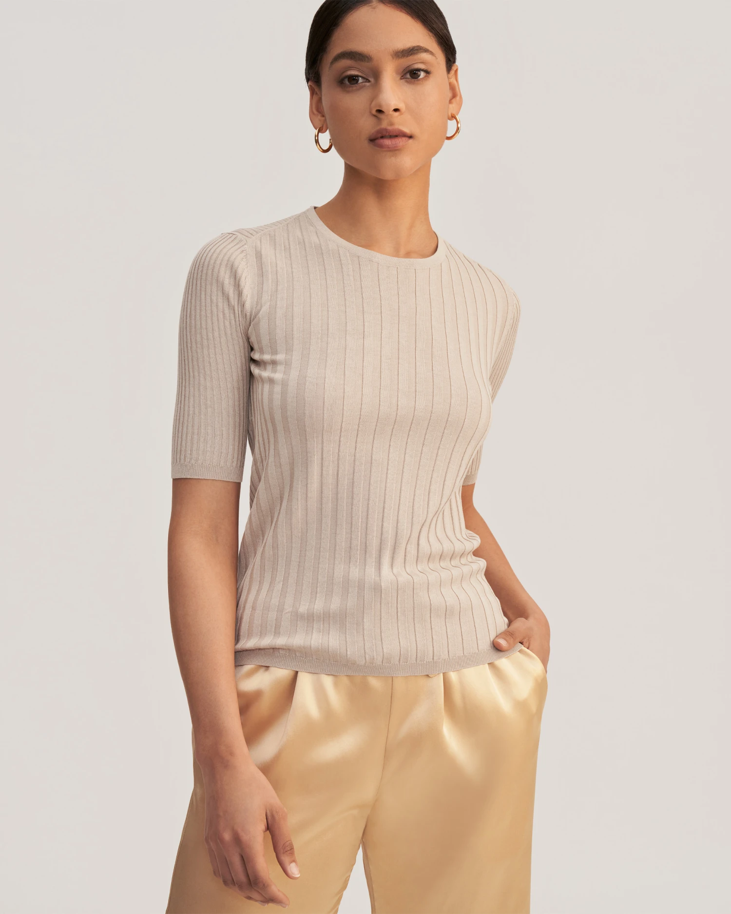 Short Sleeve Basic Silk Knit Tee - Image 20