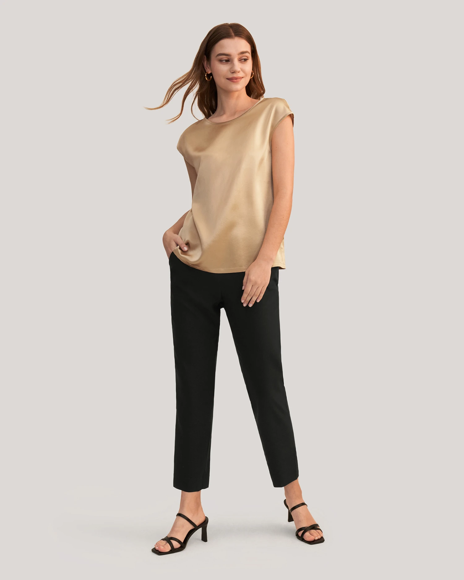 Basic Cap Sleeves Silk Tee For Women - Image 12