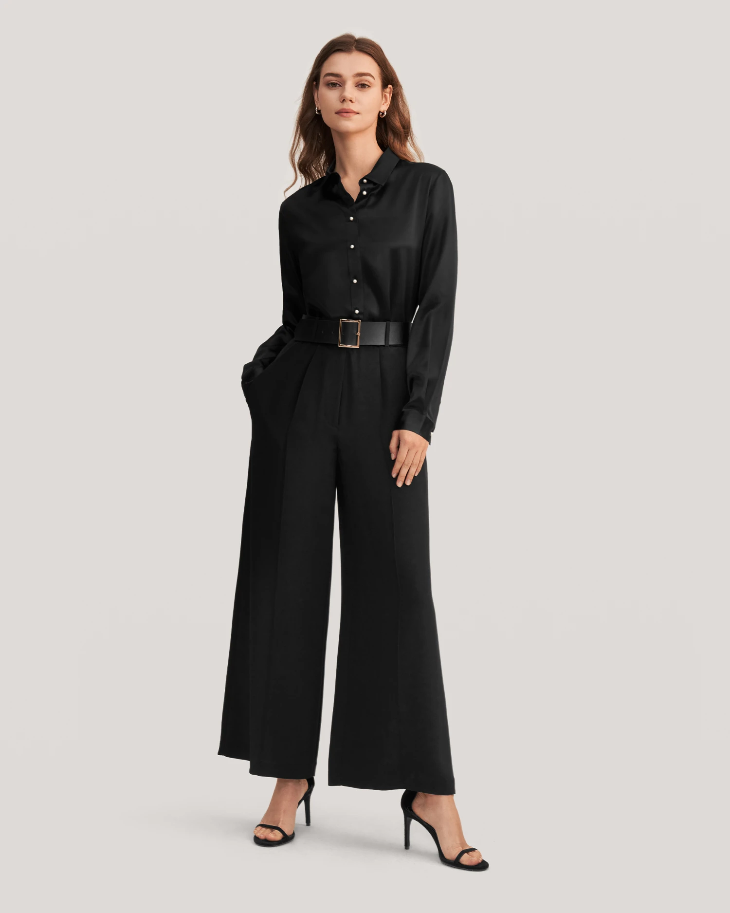 Women Classic Pearl Button Silk Shirt - Image 18