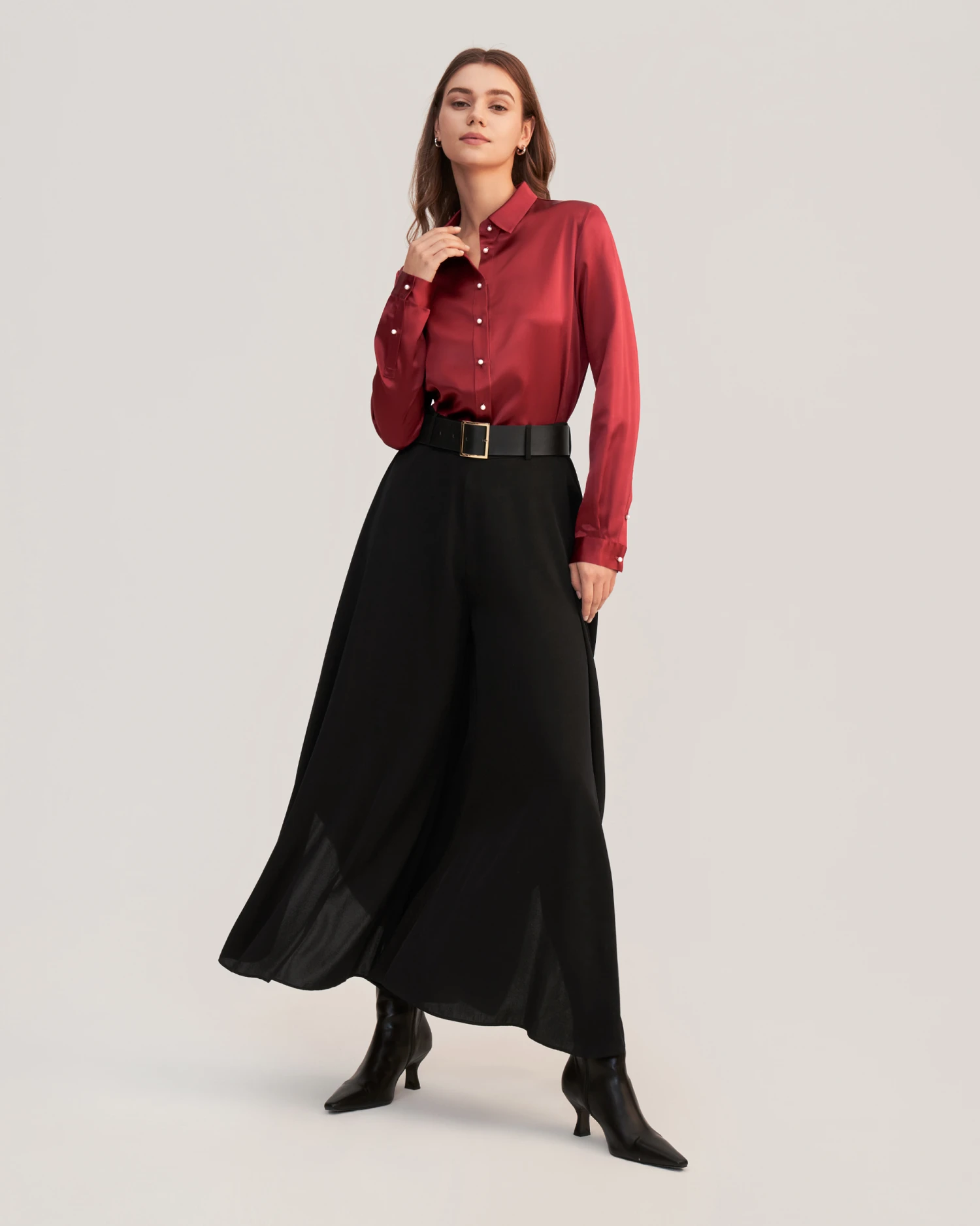 Women Classic Pearl Button Silk Shirt - Image 6