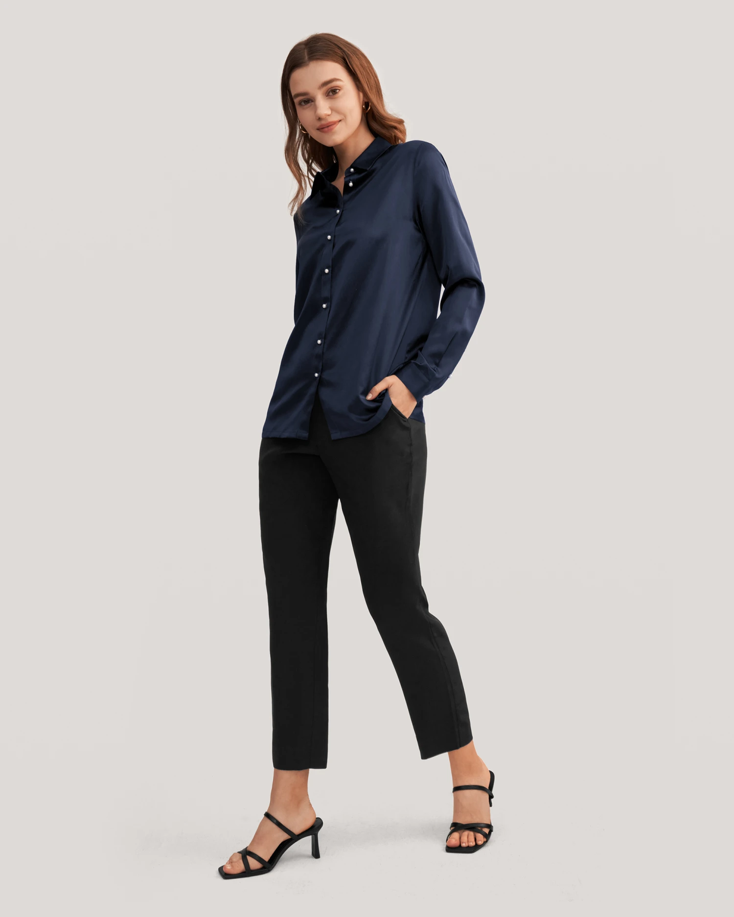 Women Classic Pearl Button Silk Shirt - Image 12