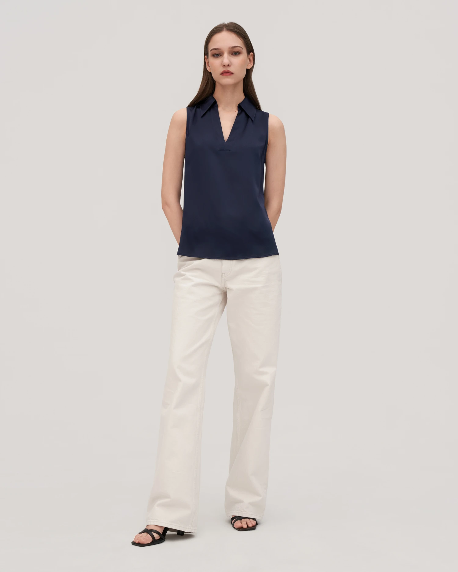 V-Neck Sleeveless Silk Violet Shirt For Women - Image 7