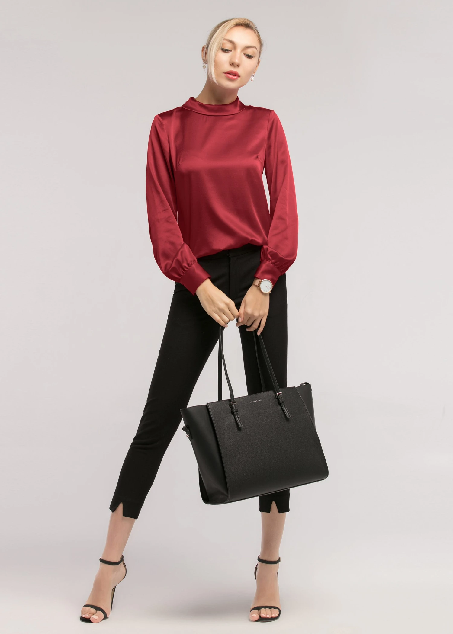 Stand Collar Long Sleeves Silk Blouse - Image 13