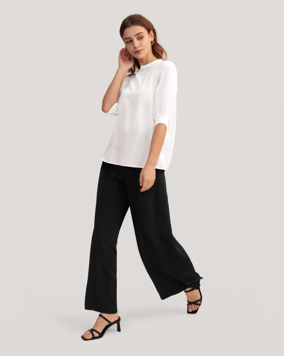 Elegant Casual Silk Tee With Rib Cuff - Image 14