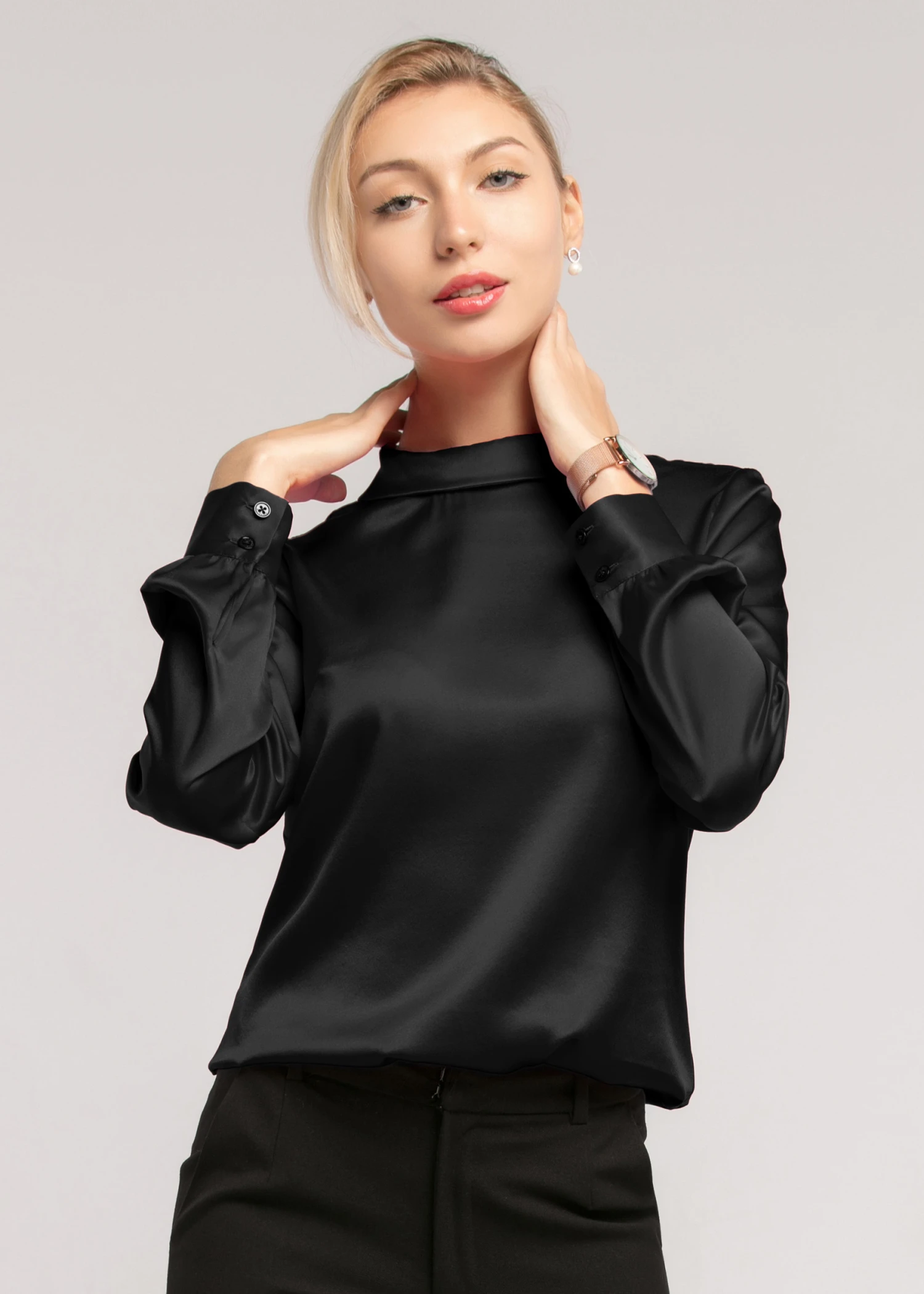 Stand Collar Long Sleeves Silk Blouse