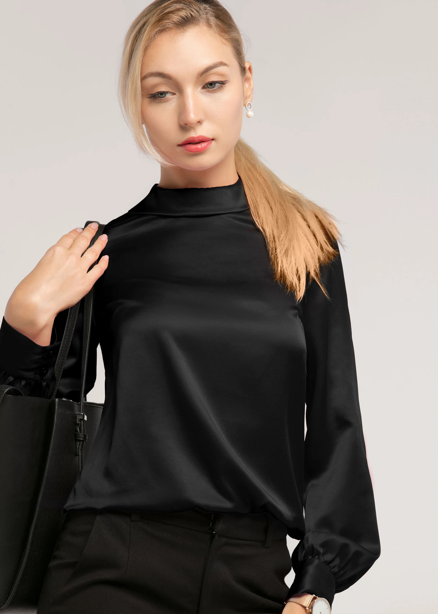 Stand Collar Long Sleeves Silk Blouse - Image 3