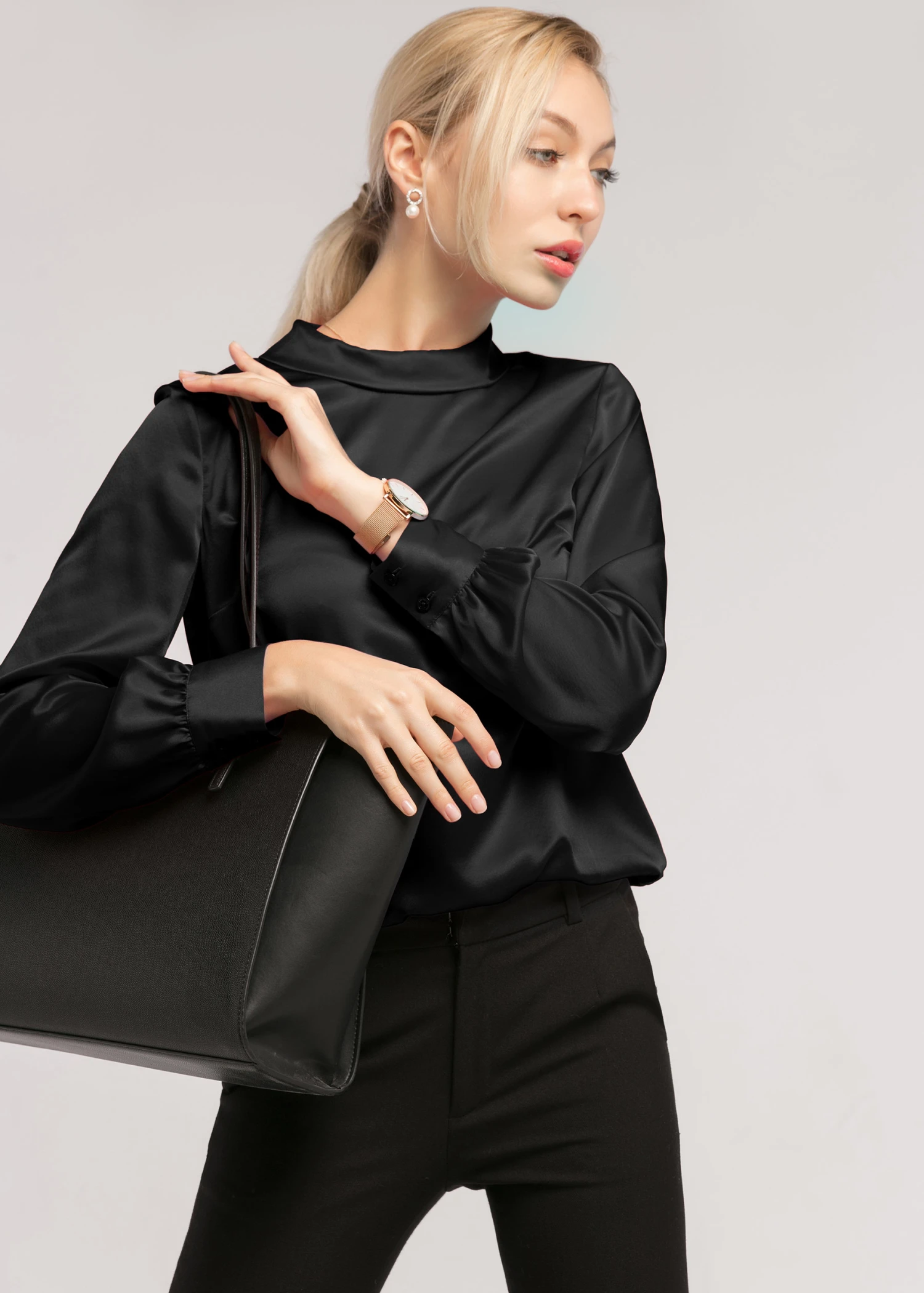 Stand Collar Long Sleeves Silk Blouse - Image 4