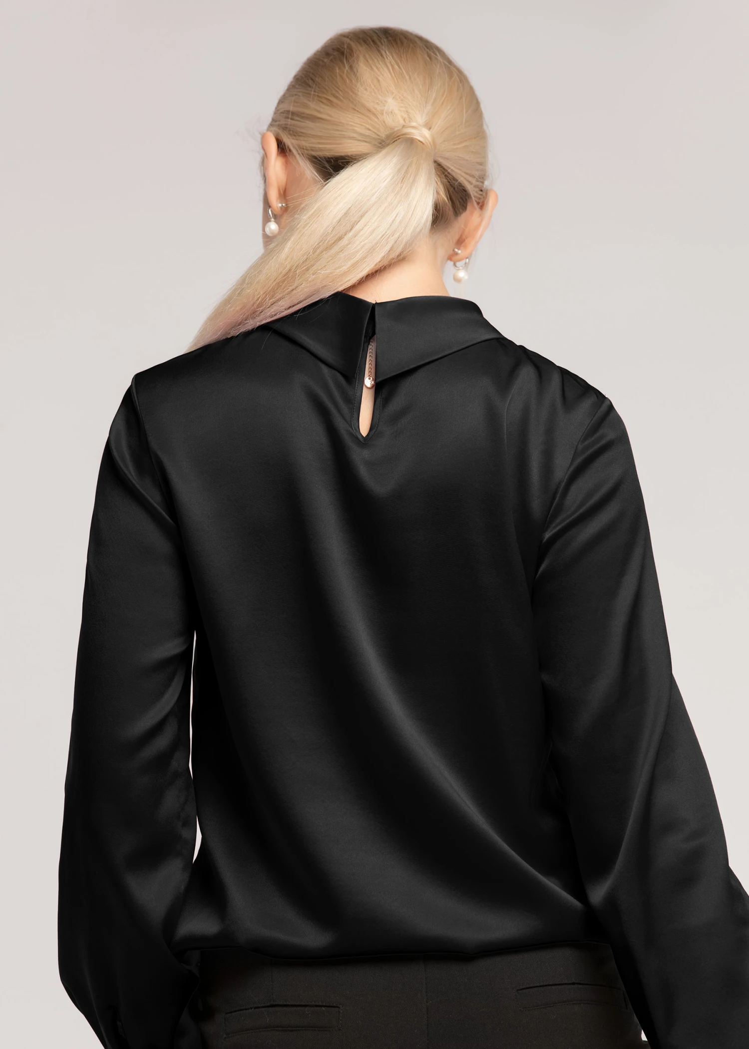 Stand Collar Long Sleeves Silk Blouse - Image 5