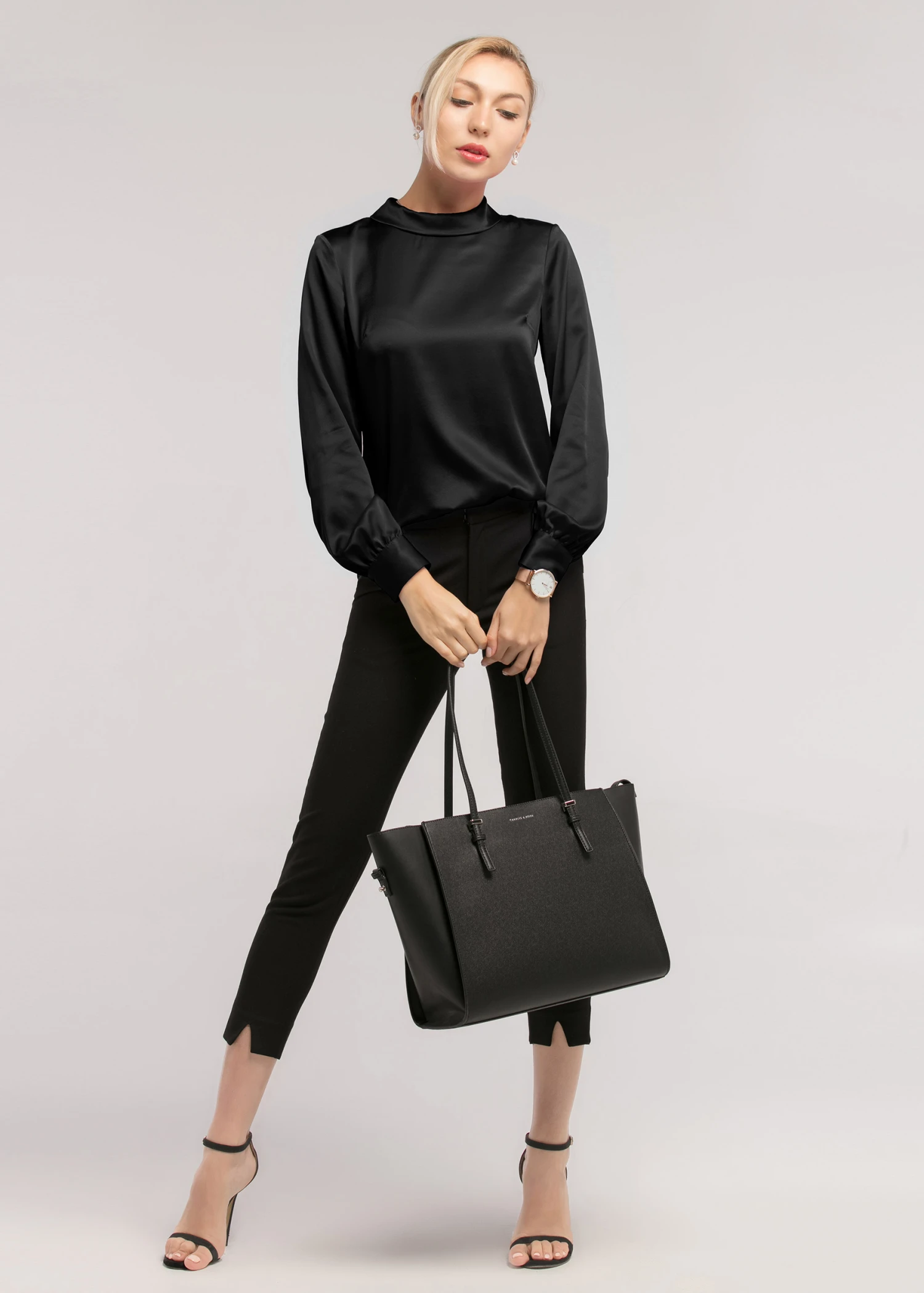 Stand Collar Long Sleeves Silk Blouse - Image 6