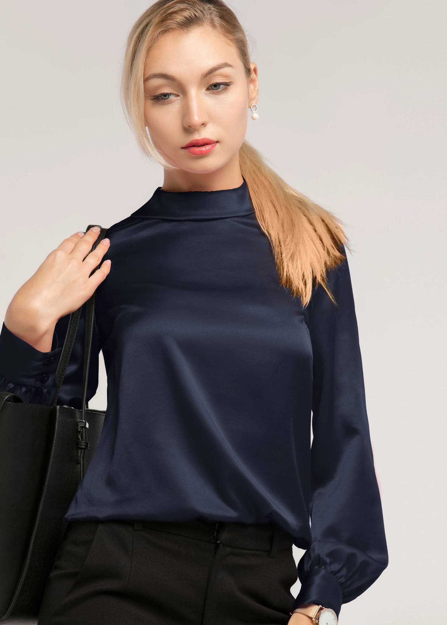 Stand Collar Long Sleeves Silk Blouse - Image 16