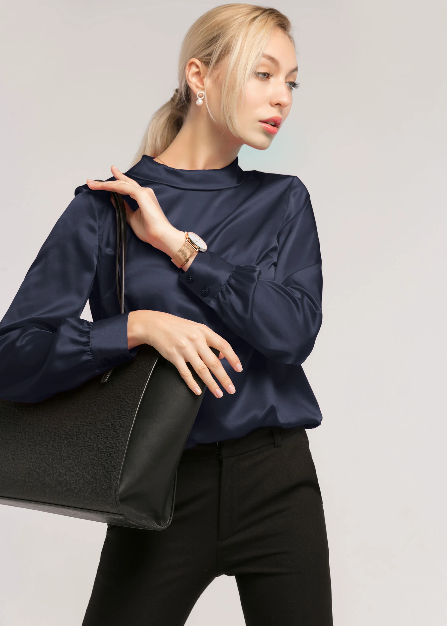 Stand Collar Long Sleeves Silk Blouse - Image 17