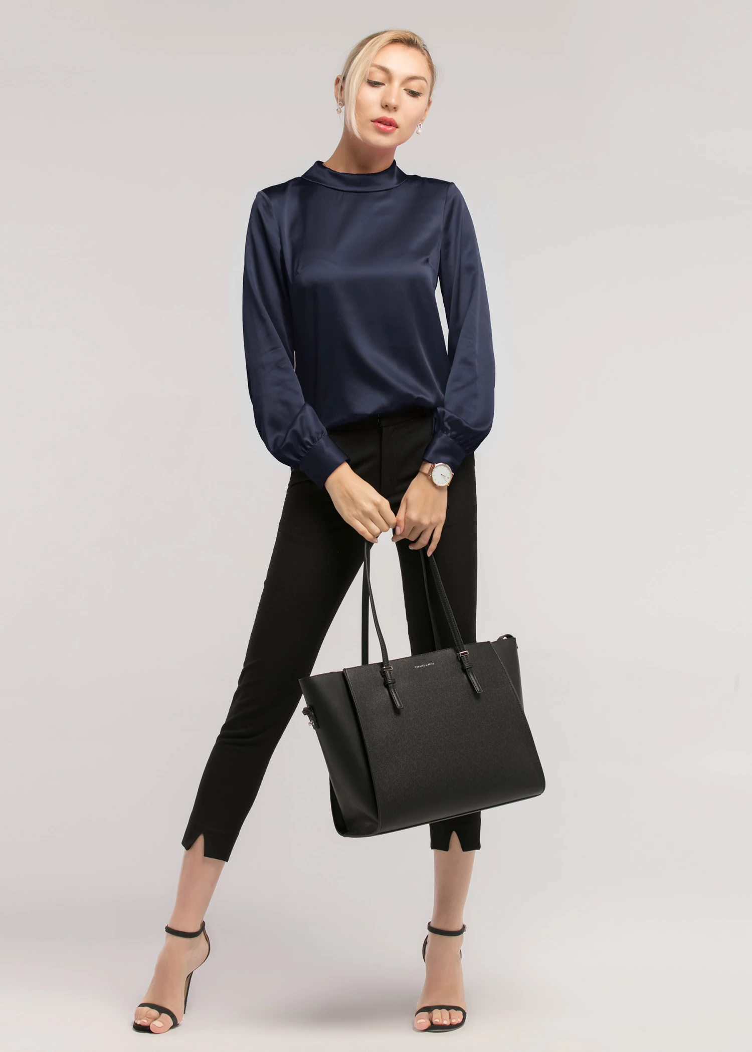 Stand Collar Long Sleeves Silk Blouse - Image 19