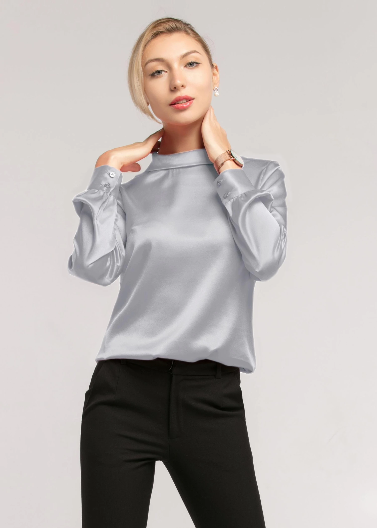 Stand Collar Long Sleeves Silk Blouse - Image 20
